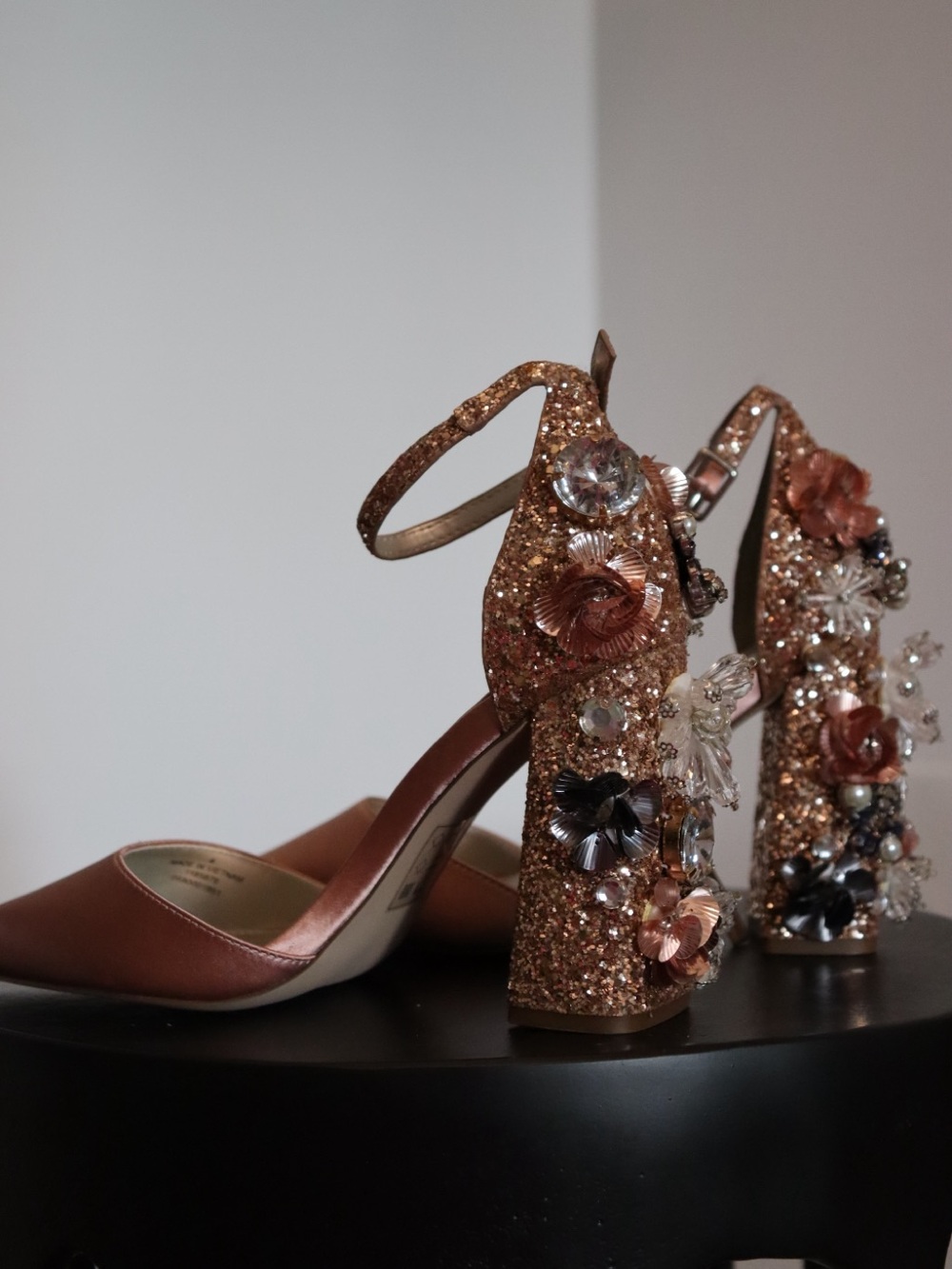 Embellished Rose Gold Block Heel Pumps with Ankle Strap